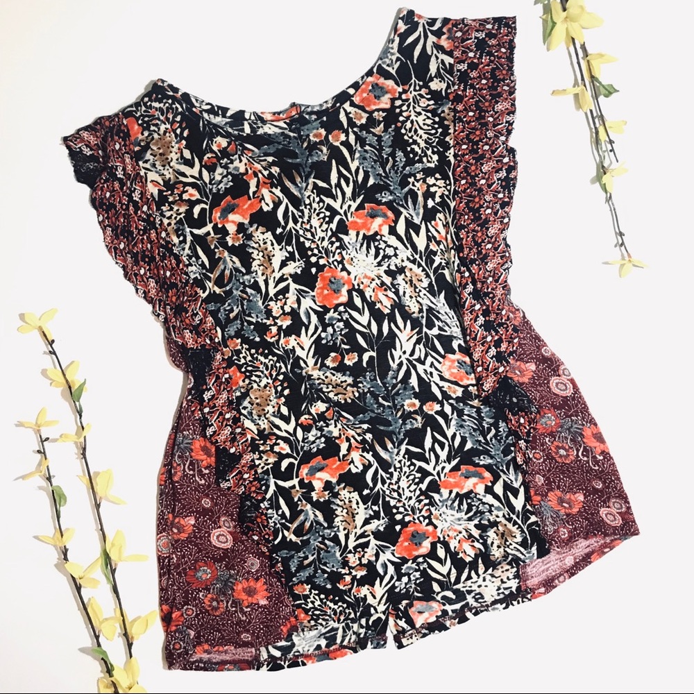 Lucky Brand Floral Ruffle Button Back Tank